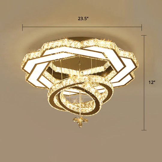 Contemporary Crystal LED Silver Rings Flush Mount Ceiling Light - Ideal for Bedroom