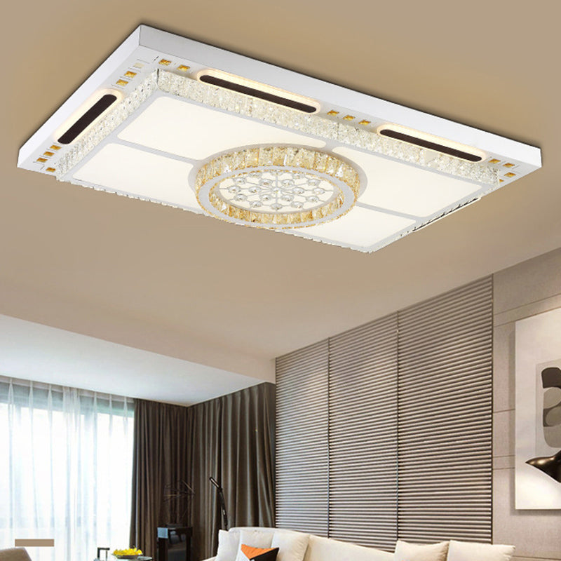 Modern LED Flush Mount Ceiling Light with Crystal Shade - White Rectangle Fixture