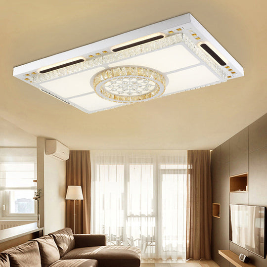 Modern LED Flush Mount Ceiling Light with Crystal Shade - White Rectangle Fixture