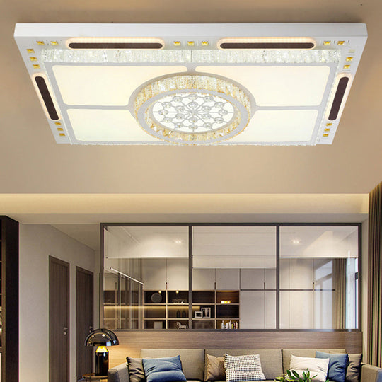 Modern LED Flush Mount Ceiling Light with Crystal Shade - White Rectangle Fixture