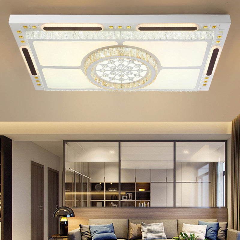 White Rectangle Ceiling Light with Crystal Shade - Contemporary LED Flush Mount Fixture