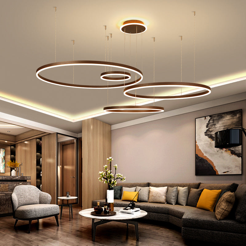 Artistic LED Aluminum Chandelier - Loop Shaped Coffee Hanging Light for Living Room