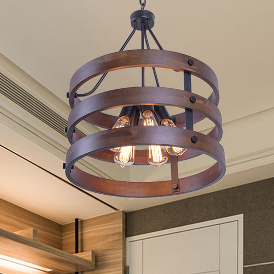 Lodge Style Metal and Wood Cylinder Cage Pendant Lamp - 1 Light Brown Hanging Light with Adjustable Chain