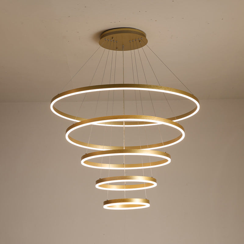 Art Deco Tiered Rings Chandelier: Aluminum Led Suspension Lighting In Gold For Living Room / 5 Tiers