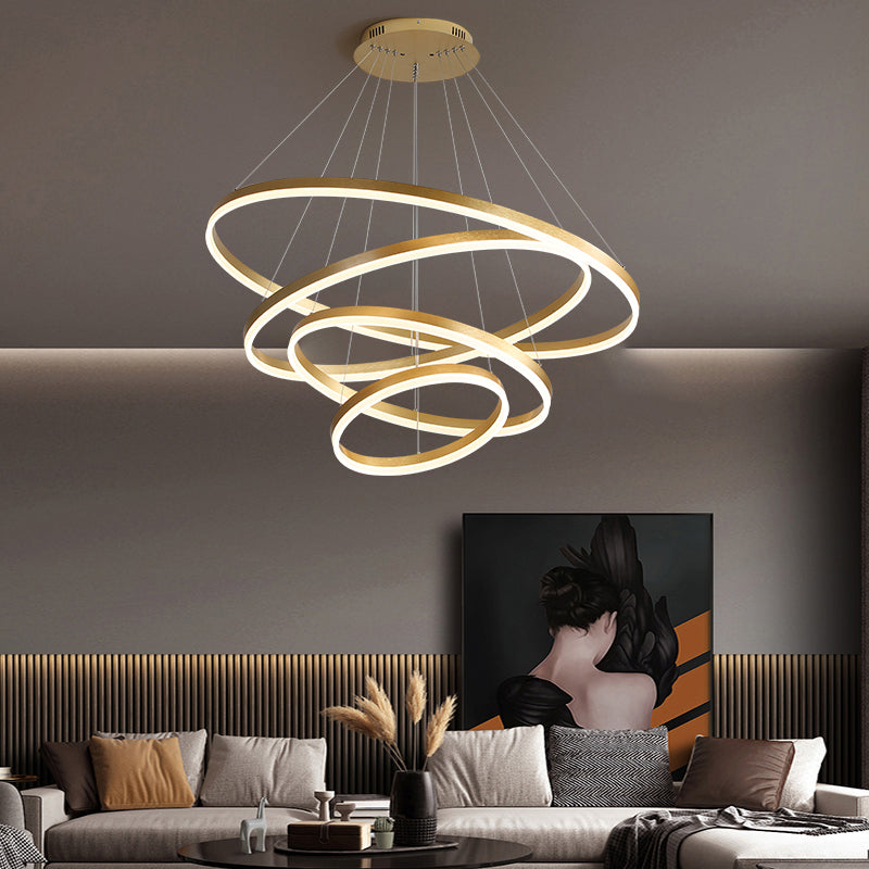 Art Deco Tiered Rings Chandelier: Aluminum Led Suspension Lighting In Gold For Living Room / 4 Tiers