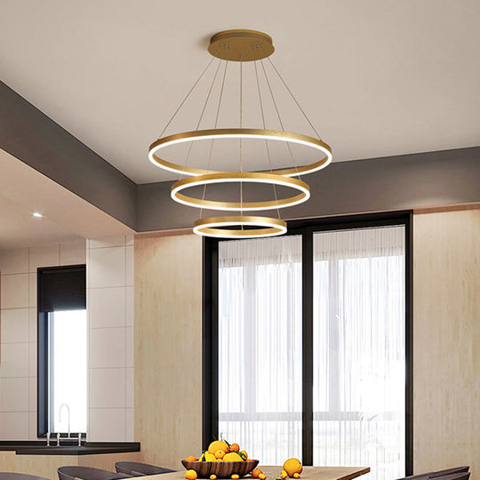 Art Deco Tiered Rings Chandelier: Aluminum Led Suspension Lighting In Gold For Living Room / 3 Tiers