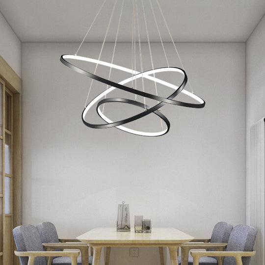 Adjustable Ring LED Pendant Light: Sleek Black Chandelier for Dining Room