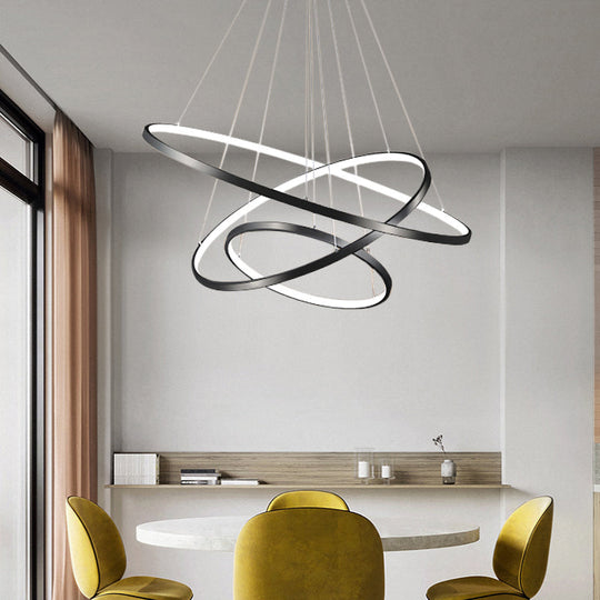 Adjustable Ring LED Pendant Light: Sleek Black Chandelier for Dining Room