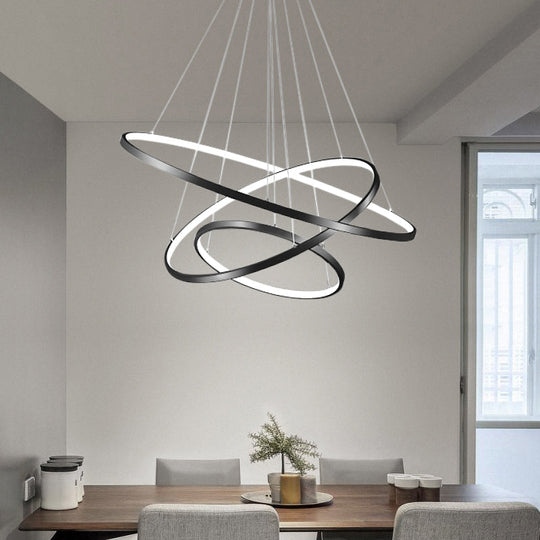 Adjustable Ring LED Pendant Light: Sleek Black Chandelier for Dining Room