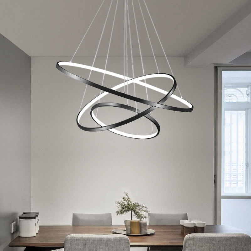 Adjustable Ring Led Pendant Light - Sleek Black Metal Chandelier For Dining Room