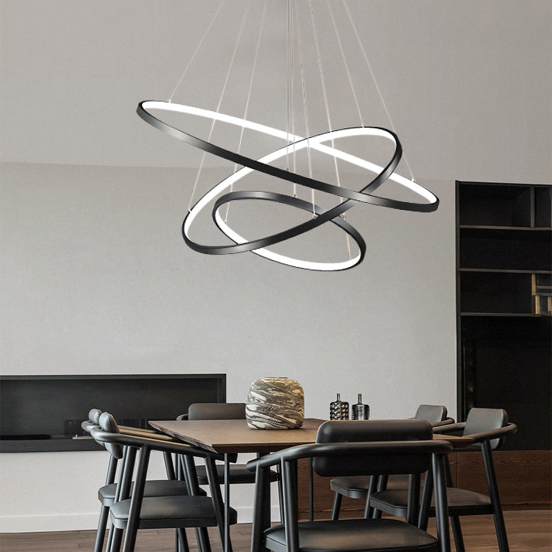 Adjustable Ring LED Pendant Light: Sleek Black Chandelier for Dining Room