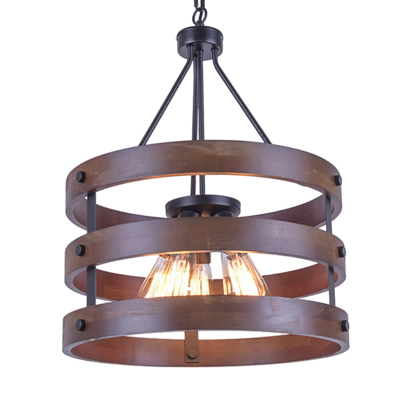 Lodge Style Metal and Wood Cylinder Cage Pendant Lamp - 1 Light Brown Hanging Light with Adjustable Chain