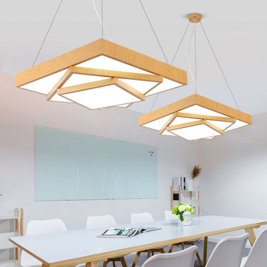 Modern Led Hanging Pendant Light - Tiered Square Design Wood & Metal Finish