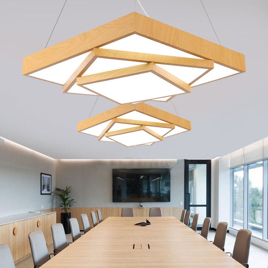 Modern Led Hanging Pendant Light - Tiered Square Design Wood & Metal Finish