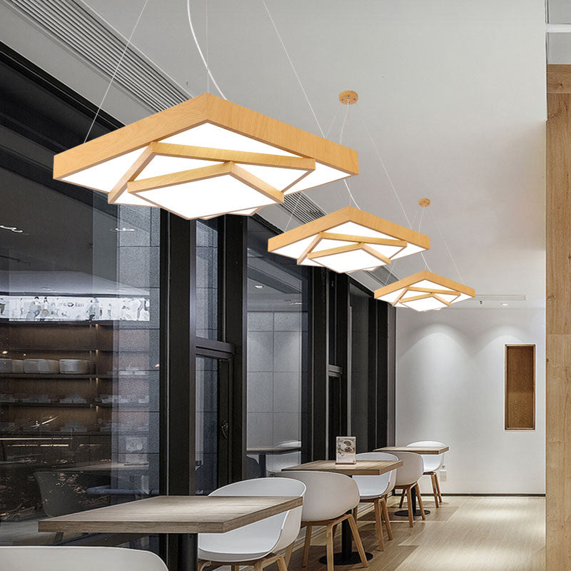 Modern Led Hanging Pendant Light - Tiered Square Design Wood & Metal Finish