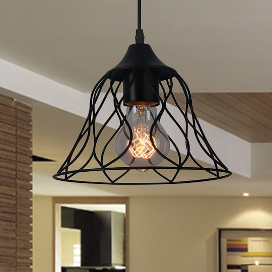 Industrial Style Black Pendant Lamp with Bell Cage Shade & Metallic accents - Perfect for Restaurants