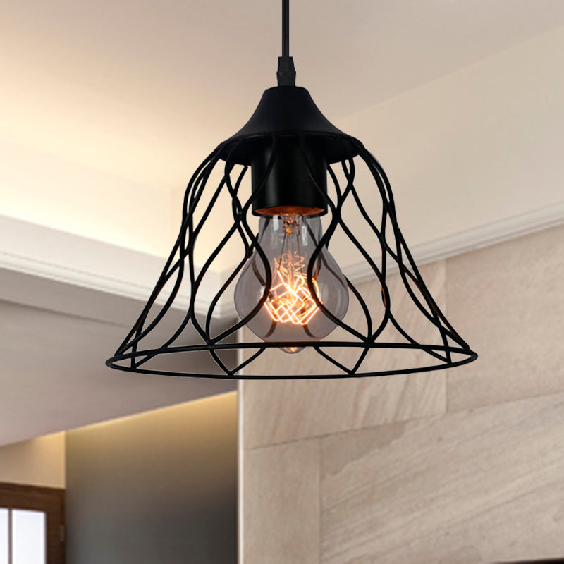 Industrial Style Black Pendant Lamp with Bell Cage Shade & Metallic accents - Perfect for Restaurants