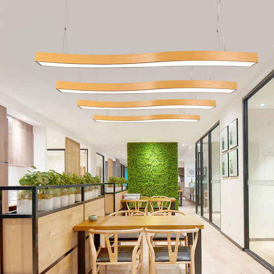 Wavy Led Pendant Chandelier - Minimalist Metal And Wood Suspension Light For Office