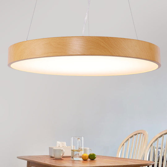 Simple Round Led Pendant Lamp In Metal And Light Wood Chandelier Ideal For Meeting Rooms