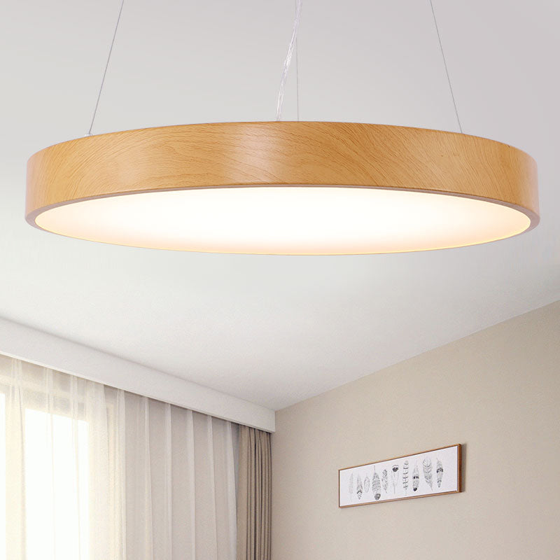 Simple Round Led Pendant Lamp In Metal And Light Wood Chandelier Ideal For Meeting Rooms