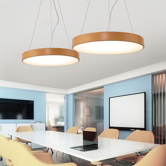 Simple Round Led Pendant Lamp In Metal And Light Wood Chandelier Ideal For Meeting Rooms