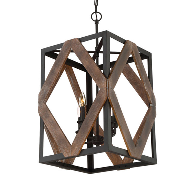 Suspension en métal noir de style Lodge avec accents en losanges en bois - Lampe suspendue rectangulaire à 4 lumières