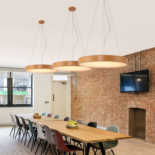 Simple Round Led Pendant Lamp In Metal And Light Wood Chandelier Ideal For Meeting Rooms