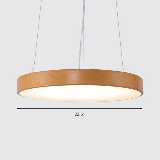 Simple Round Led Pendant Lamp In Metal And Light Wood Chandelier Ideal For Meeting Rooms / 23.5