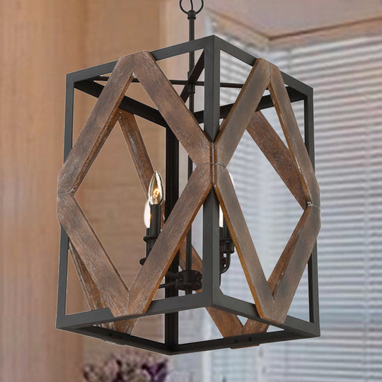 Suspension en métal noir de style Lodge avec accents en losanges en bois - Lampe suspendue rectangulaire à 4 lumières