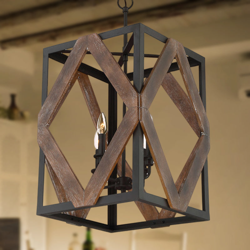 Lodge Style Black Metal Pendant Light with Wooden Rhombus Accents - 4-Light Rectangle Cage Hanging Lamp