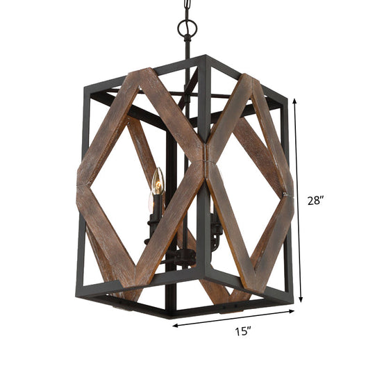 Suspension en métal noir de style Lodge avec accents en losanges en bois - Lampe suspendue rectangulaire à 4 lumières