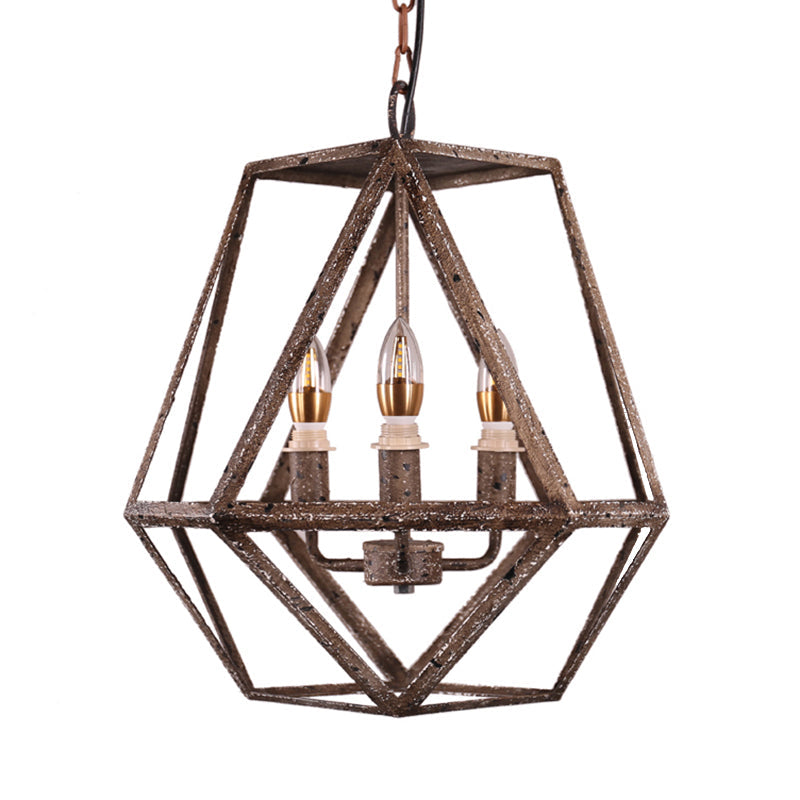 Metal Prismatic Cage Pendant Lamp: Rustic Stylish 3-Heads Chandelier Light Fixture with Adjustable Chain in Rust for Living Room