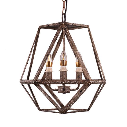 Rustic Metal Prismatic Cage Pendant Lamp - 3 Heads Chandelier Light With Adjustable Chain