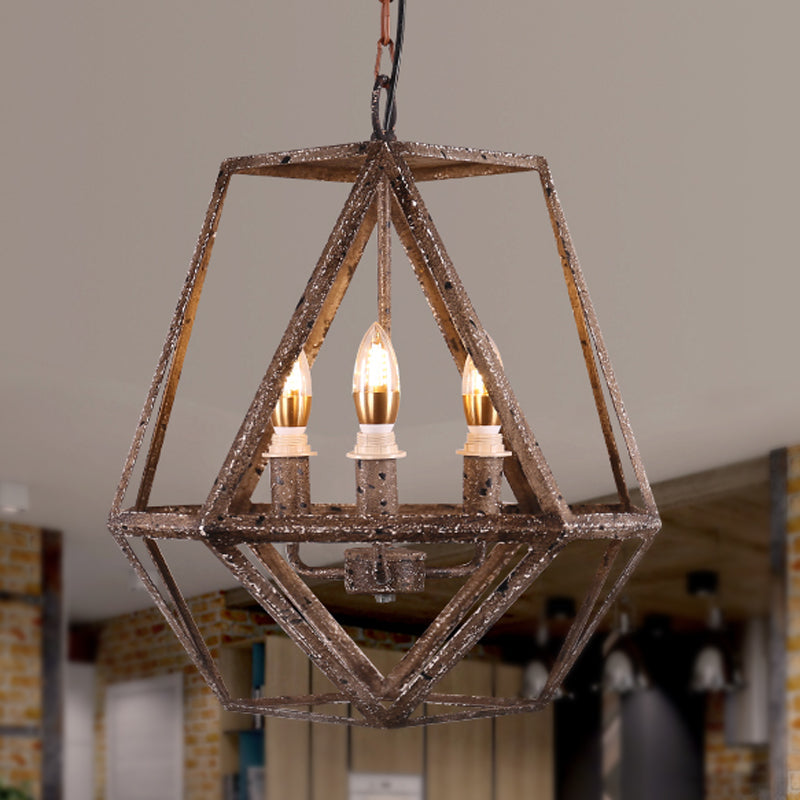 Metal Prismatic Cage Pendant Lamp: Rustic Stylish 3-Heads Chandelier Light Fixture with Adjustable Chain in Rust for Living Room