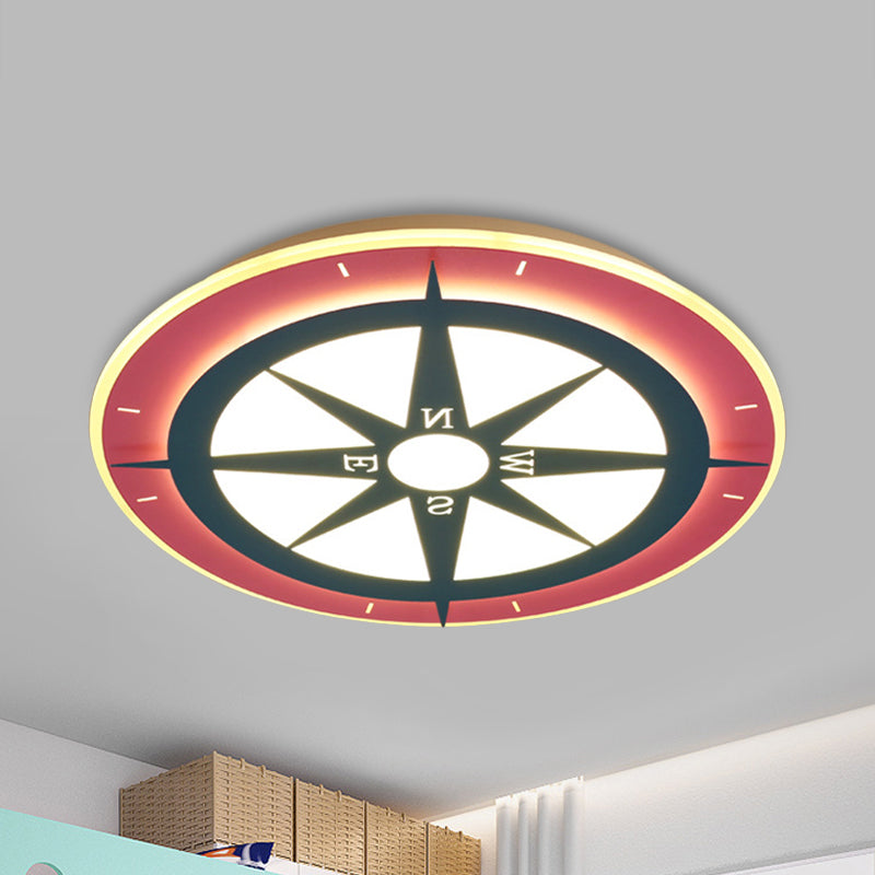 Kids Cartoon Compass LED Flush Mount Light: Red Acrylic Ceiling Lamp for Nurseries