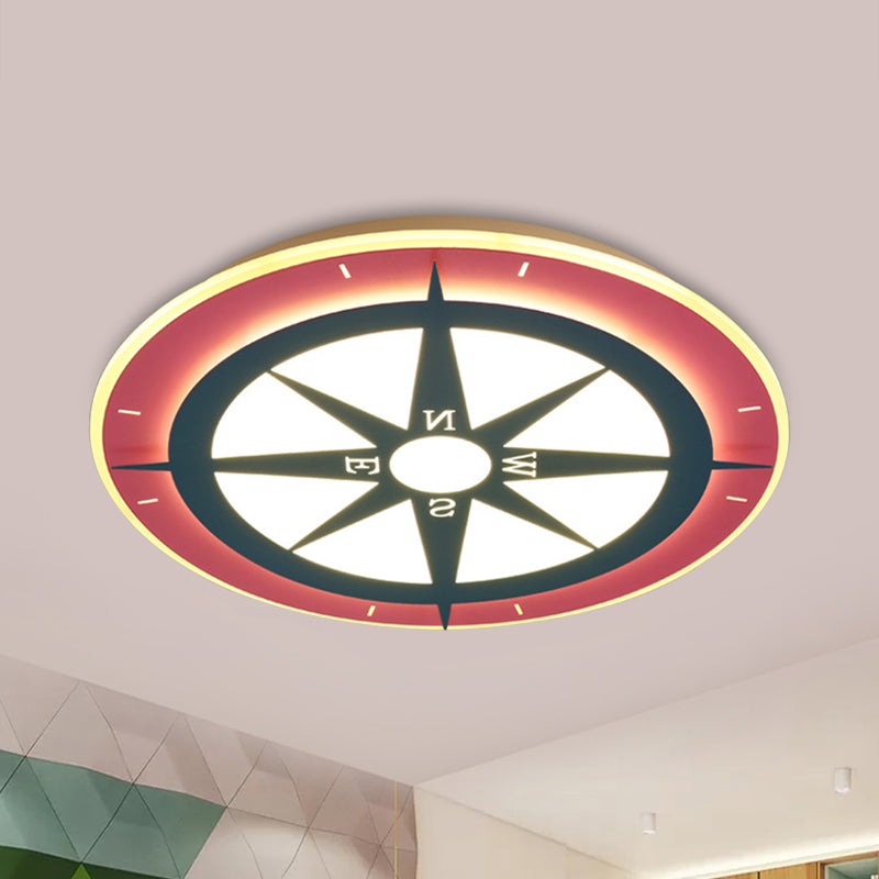 Kids Cartoon Compass LED Flush Mount Light: Red Acrylic Ceiling Lamp for Nurseries