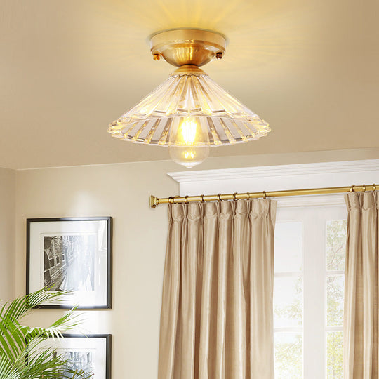 Traditionary Ribbed Glass Semi Flush Ceiling Light Fixture in Brass - Ideal for Bedroom