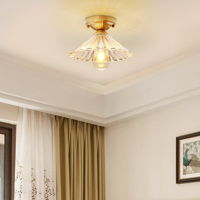 Traditionary Ribbed Glass Semi Flush Ceiling Light Fixture in Brass - Ideal for Bedroom