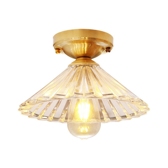 Traditionary Ribbed Glass Semi Flush Ceiling Light Fixture in Brass - Ideal for Bedroom