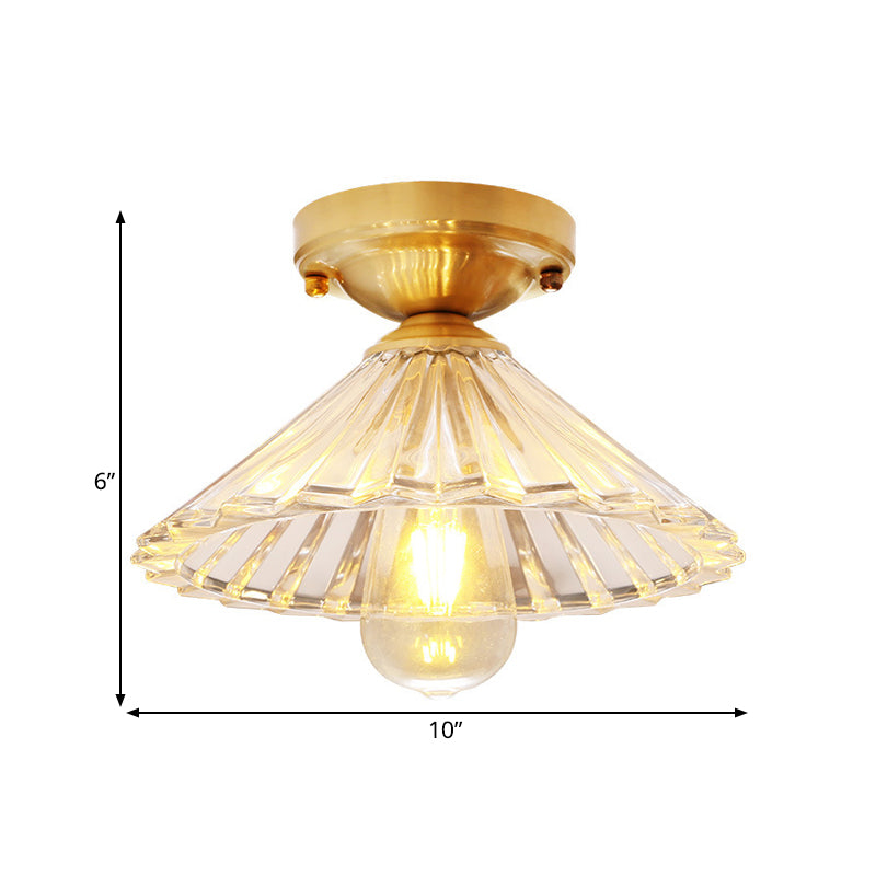 Traditionary Ribbed Glass Semi Flush Ceiling Light Fixture in Brass - Ideal for Bedroom