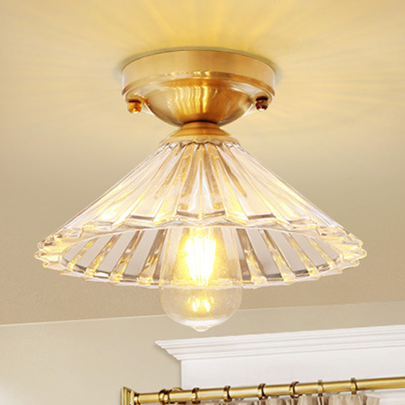 Traditionary Ribbed Glass Semi Flush Ceiling Light Fixture in Brass - Ideal for Bedroom