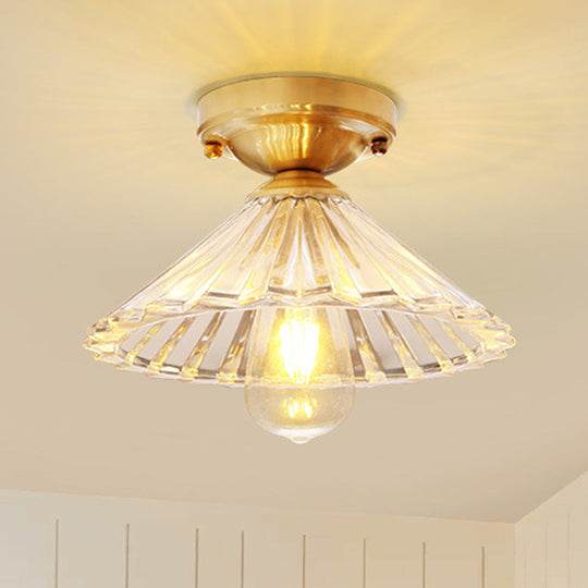 Traditionary Ribbed Glass Semi Flush Ceiling Light Fixture in Brass - Ideal for Bedroom