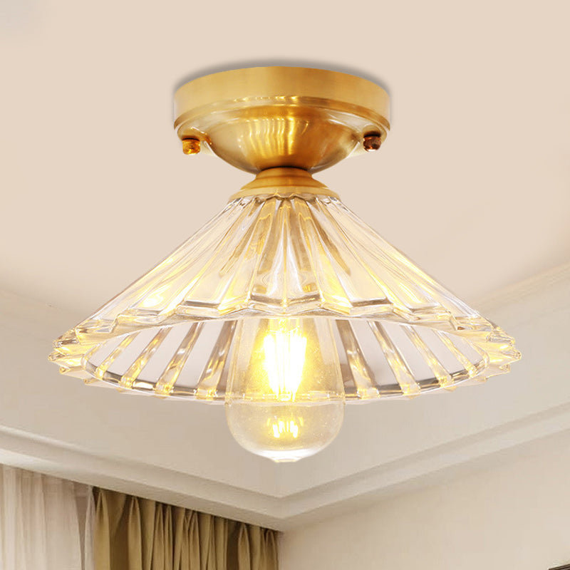 Traditionary Ribbed Glass Semi Flush Ceiling Light Fixture in Brass - Ideal for Bedroom