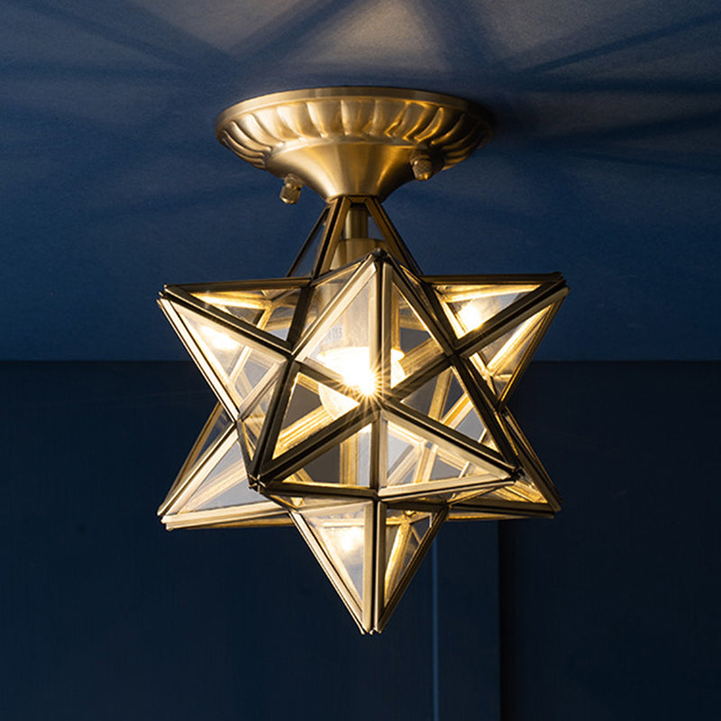 Traditional Star Semi Flush Ceiling Light in Clear/Textured White Glass - Ideal for Living Room