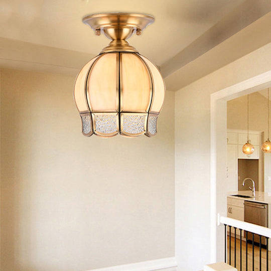 Semi Flush Mount Brass Lamp with Milk Glass Shade - Ceiling Light for Balcony