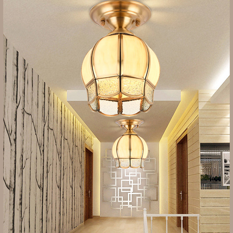 Semi Flush Mount Brass Lamp with Milk Glass Shade - Ceiling Light for Balcony