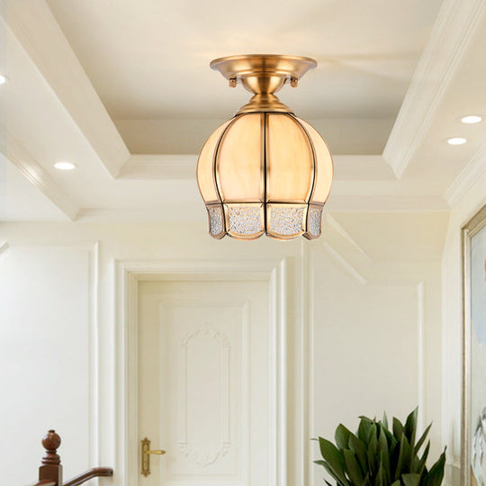 Semi Flush Mount Brass Lamp with Milk Glass Shade - Ceiling Light for Balcony