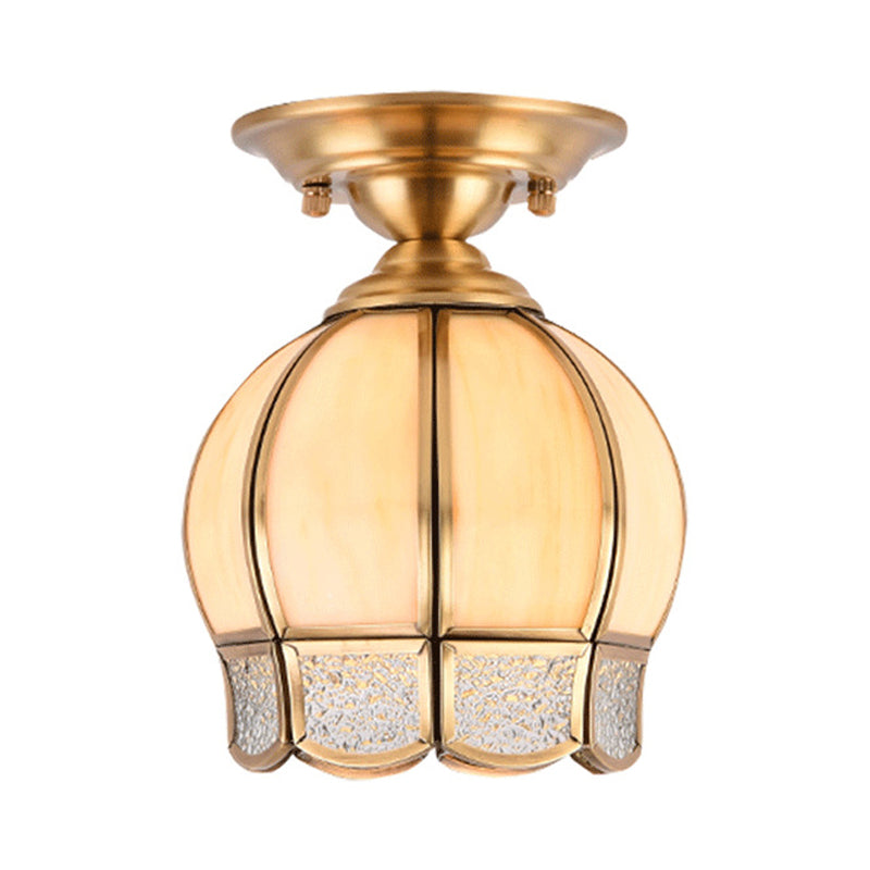 Semi Flush Mount Brass Lamp with Milk Glass Shade - Ceiling Light for Balcony