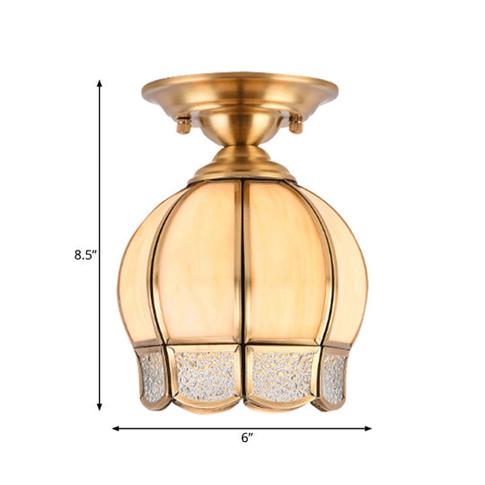 Semi Flush Mount Brass Lamp with Milk Glass Shade - Ceiling Light for Balcony