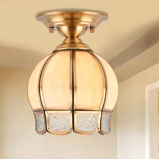 Semi Flush Mount Brass Lamp with Milk Glass Shade - Ceiling Light for Balcony